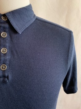 Mens, Polo, JOHN VARVATOS, Navy Blue, Silk, Cotton, Solid, S, Collar Attached, 4 Buttons, Half Placket, Short Sleeves