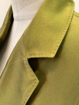 Womens, Top, HAIDER ACKERMANN, Pea Green, Silk, Solid, M, Satin, Sleeveless, Wrap Top, Notch Lapel with Hand Picked Stitching, 1 Pocket, Missing Hole for Ties to Loop Through