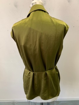 Womens, Top, HAIDER ACKERMANN, Pea Green, Silk, Solid, M, Satin, Sleeveless, Wrap Top, Notch Lapel with Hand Picked Stitching, 1 Pocket, Missing Hole for Ties to Loop Through