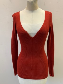 PATTY BOUTIK, Rust Orange, Viscose, Nylon, Solid, Ribbed Knit, Long Sleeves, Plunging Scoop Neck with Small Notch at Center, Form Fitting, Multiples