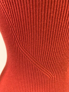 PATTY BOUTIK, Rust Orange, Viscose, Nylon, Solid, Ribbed Knit, Long Sleeves, Plunging Scoop Neck with Small Notch at Center, Form Fitting, Multiples