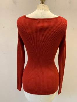 Womens, Pullover, PATTY BOUTIK, Rust Orange, Viscose, Nylon, Solid, S, Ribbed Knit, Long Sleeves, Plunging Scoop Neck with Small Notch at Center, Form Fitting, Multiples
