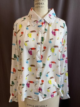 MOLLY BRACKEN, White, Multi-color, Polyester, Novelty Pattern, Multicolor Toucan Print, Button Front, Collar Attached, Long Sleeves, Button Cuff