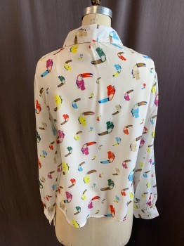 Womens, Blouse, MOLLY BRACKEN, White, Multi-color, Polyester, Novelty Pattern, S, Multicolor Toucan Print, Button Front, Collar Attached, Long Sleeves, Button Cuff