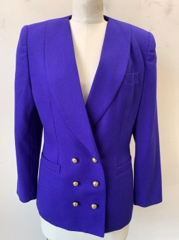 ROBINSON'S PETITES, Violet Purple, Wool, Solid, Crepe, Double Breasted, Shawl Lapel, Gold Buttons, Padded Shoulders, 3 Pockets