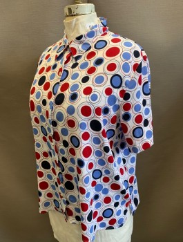 Womens, Blouse, ALFRED DUNNER, White, Cherry Red, French Blue, Black, Polyester, Circles, Sz.20, Crinkled Texture Crepe, Short Sleeves, Button Front, Collar Attached