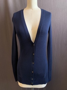BANANA REPUBLIC, Navy Blue, Silk, Cashmere, Solid, Ribbed Knit V-neck, Button Front, Long Sleeves,