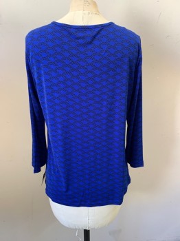 Womens, Top, LIZ CLAIBORNE, Royal Blue, Black, Polyester, Spandex, Circles, Abstract , S, Scoop Neckline, Key Hole at Center Front, Gold Flat Button at Center Front, Pleated at Neckline, Long Sleeves