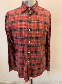 COUNTRY ROAD, Red, Black, White, Brown, Cotton, Polyester, Plaid, Long Sleeves, Button Front, Collar Attached,