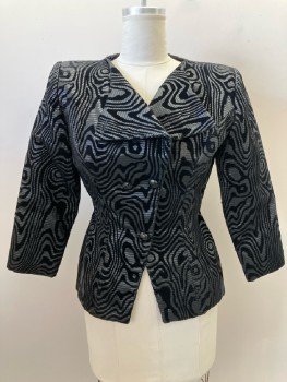 VICKY TIEL, Black, Pewter Metallic, Wool, Abstract , C.A., Lapel, DB. L/S, Padded Shoulders,