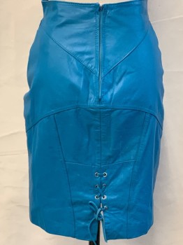 CHIA, Turquoise Blue, Leather, Solid, Pencil, Waist Band, 2 Zipper Pckts with Stud Details, Seams For Tight Fit, Back Zip, BackLace Vent, Hem At Knee