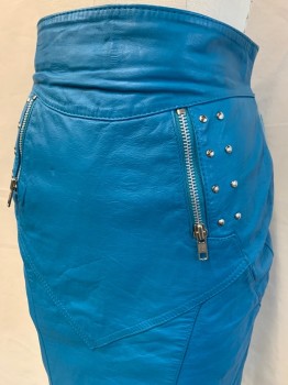 CHIA, Turquoise Blue, Leather, Solid, Pencil, Waist Band, 2 Zipper Pckts with Stud Details, Seams For Tight Fit, Back Zip, BackLace Vent, Hem At Knee