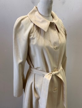 BARNEY'S NY, Lt Beige, Silk, Solid, Faille, Single Breasted, 4 Buttons, Raglan Sleeves, Collar Attached, Small Pin Tucks Radiating From Collar, Satin Lining, Below Knee Length, **With Matching BELT, Retro 50's/60's Inspired