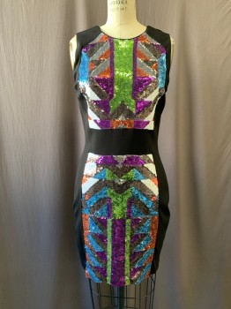 Womens, Cocktail Dress, BEBE, Black, White, Green, Purple, Pewter Gray, Polyester, Spandex, Color Blocking, Geometric, W 28, B 34, H 34, Black Knit with Multicolor Sequin Panels in Geometric Pattern, Scoop Neck, Back Zip, Knee Length