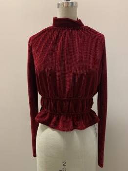 Womens, Blouse, LOST + WANDER, Red, Polyester, Spandex, Textured Fabric, XS, L/S, Mock Neck, Double Elastic Waist Band, Back Button