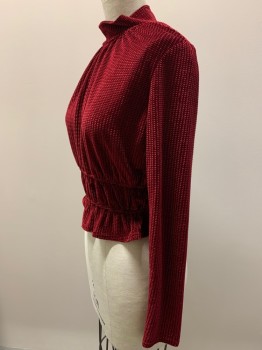 Womens, Blouse, LOST + WANDER, Red, Polyester, Spandex, Textured Fabric, XS, L/S, Mock Neck, Double Elastic Waist Band, Back Button