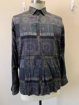 Mens, Casual Shirt, ETRO, Dk Gray, Black, Purple, Lt Olive Grn, Lt Gray, Cotton, Paisley/Swirls, Geometric, 18/37, Collar Attached, Button Front, Long Sleeves, Paisley Squares