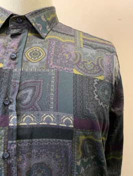 Mens, Casual Shirt, ETRO, Dk Gray, Black, Purple, Lt Olive Grn, Lt Gray, Cotton, Paisley/Swirls, Geometric, 18/37, Collar Attached, Button Front, Long Sleeves, Paisley Squares
