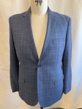 Mens, Sportcoat/Blazer, ROSETTI, Slate Blue, Lt Beige, Navy Blue, Wool, Silk, Plaid, 42R, Single Breasted, 2 Buttons, 3 Pockets, Notched Lapel, Double Vent
