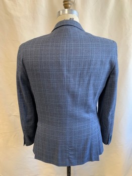 Mens, Sportcoat/Blazer, ROSETTI, Slate Blue, Lt Beige, Navy Blue, Wool, Silk, Plaid, 42R, Single Breasted, 2 Buttons, 3 Pockets, Notched Lapel, Double Vent