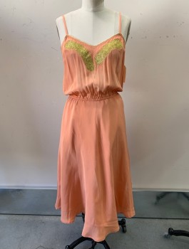 N/L, Salmon Pink, Gold, Silk, Polyester, Spaghetti Straps, Gold Feather Accents At Chest, V-Neck, Elastic Waist, Knee Length, Little Discoloration on Bodice