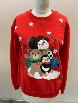 Womens, Pullover, GILDAN, Red, White, Multi-color, Poly/Cotton, Holiday, S, L/S, CN, Plastic Snowflake Beads, Snowman Teddy Bear And Penguin Patch With Sequins