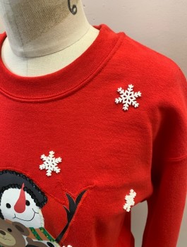 Womens, Pullover, GILDAN, Red, White, Multi-color, Poly/Cotton, Holiday, S, L/S, CN, Plastic Snowflake Beads, Snowman Teddy Bear And Penguin Patch With Sequins