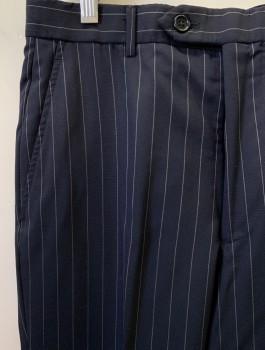 Mens, Suit, Pants, BROOKS BROTHERS, Navy Blue, White, Wool, Stripes - Pin, 30/30, F.F, Slash Pockets, Belt Loops