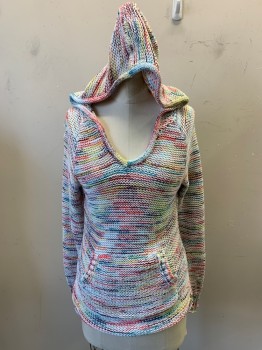 Womens, Pullover Sweater, EDDIE BAUER, White, Multi-color, Cotton, Acrylic, Stripes - Static , Heathered, S, Rolled V-neck, Long Sleeves, Hooded, 1 Kangaroo Pouch Pocket
