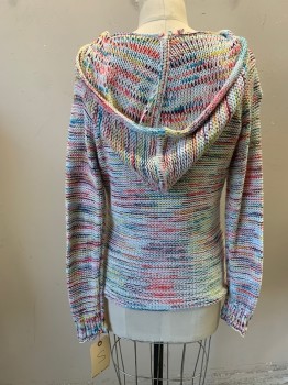 Womens, Pullover, EDDIE BAUER, White, Multi-color, Cotton, Acrylic, Stripes - Static , Heathered, S, Rolled V-neck, Long Sleeves, Hooded, 1 Kangaroo Pouch Pocket