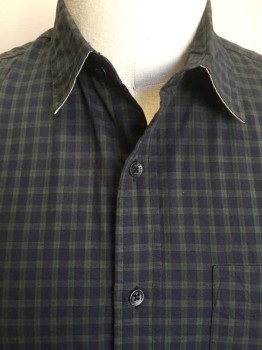 RAG & BONE, Navy Blue, Green, Cotton, Cotton, Plaid, Navy & Green Plaid, Collar Attached, Button Front, 1 Pocket, Long Sleeves,
