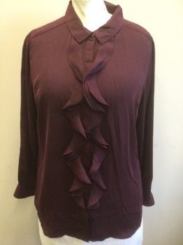 Womens, Blouse, ISAAC MIZRAHI LIVE!, Red Burgundy, Polyester, Solid, 2X, Long Sleeve Button Front, Collar Attached, Vertical Ruffle Down Center Front at Either Side of Button Placket
