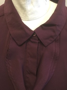 ISAAC MIZRAHI LIVE!, Red Burgundy, Polyester, Solid, Long Sleeve Button Front, Collar Attached, Vertical Ruffle Down Center Front at Either Side of Button Placket