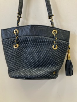 BIRDIE, Navy Blue, Leather, Quilter, Braided Strap With Gold Chain, Gold Hardware, Tassel Charm,