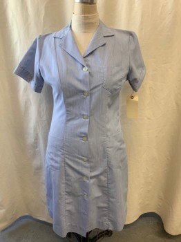 FASHION SEAL, Lt Blue, White, Poly/Cotton, Heathered, Button Front, Collar Attached, Short Sleeves, 3 Pockets, Multiples, Missing a Button