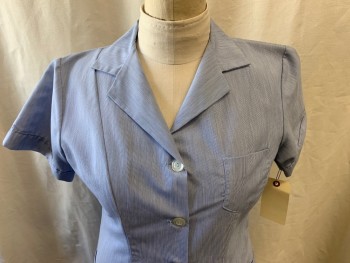 FASHION SEAL, Lt Blue, White, Poly/Cotton, Heathered, Button Front, Collar Attached, Short Sleeves, 3 Pockets, Multiples, Missing a Button