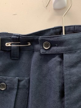 Mens, Casual Pants, JOHN VARVATOS, Midnight Blue, Linen, Cotton, Solid, I:34, W:32, Twill, Slim Leg, Unusual Pockets At Front Hips, Adjustable Buckles At Sides, Button Fly, Button Tab