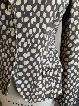 Womens, Blazer, PAUL SMITH, Dk Gray, Off White, Wool, Cotton, Polka Dots, 6, Pattern Appears Pleated, Single Breasted, Collar Attached, Notched Lapel, Hand Picked Collar/Lapel, 3 Buttons,  3 Pockets, Long Sleeves, Gathered at Princess Seams to Side Seams and Gathered At Center Back Panels