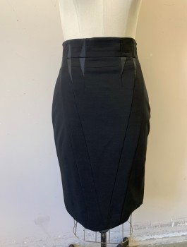 Womens, Skirt, Knee Length, KAREN MILLEN, Black, Wool, Viscose, Solid, W:27, Pencil Skirt, Triangular Satin Panels at Waist Darts and Seams, Fitted, Invisible Zipper at Side, Vent at Center Back Hem