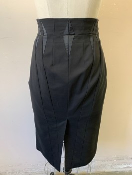Womens, Skirt, Knee Length, KAREN MILLEN, Black, Wool, Viscose, Solid, W:27, Pencil Skirt, Triangular Satin Panels at Waist Darts and Seams, Fitted, Invisible Zipper at Side, Vent at Center Back Hem