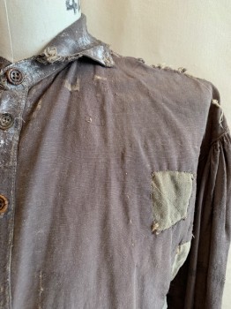 Mens, Historical Fiction Shirt, MTO, Dusty Brown, Dk Beige, Cotton, Patchwork, Solid, 44, 1800s, *Aged/Distressed* Band Collar, Half Placket Button Front, L/S, Button Cuffs *Several Holes All Around*