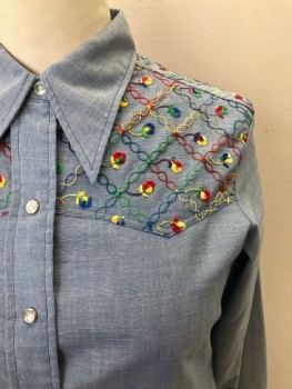 WRANGLER, Denim Blue, 2 Color-weave, C.A., Snap B.F., L/S, Multi-color Stitching Detail On Yoke