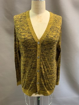 Womens, Cardigan Sweater, COS, Mustard Yellow, Black, Silk, Cotton, Heathered, S, V-N, Single Breasted, Button Front