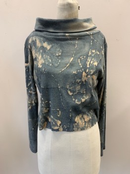 Womens, Top, NL, Gray, Beige, Cotton, Elastane, Floral, Abstract , S, Wide Neck with Fold Over Cowl, L/S, Cut Off Hem
