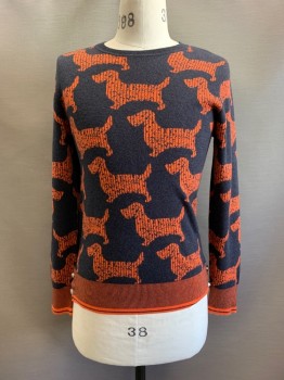 Mens, Pullover Sweater, Ice, Dk Orange, Black, Acrylic, Wool, Animal Print, 34, L/S, Crew Neck, Dog Print, Silver Buttons on Bottom Sides and Cuffs,