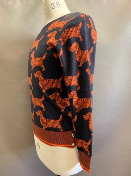 Mens, Pullover Sweater, Ice, Dk Orange, Black, Acrylic, Wool, Animal Print, 34, L/S, Crew Neck, Dog Print, Silver Buttons on Bottom Sides and Cuffs,