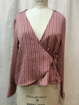 TOPSHOP, Rose Pink, Black, Polyester, Stripes, Rose, Black Stripes, Cross Over with Self Tie, Long Sleeves,