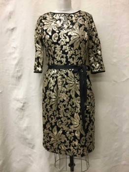 Womens, Cocktail Dress, Alex, Black, Gold, Polyester, Sequins, Floral, 6, Black Lace With Gold Sequin Floral Pattern. Jewel Neckline, 3/4 Sleeves, W/ Blackpolyester Grosgrain Ribbon