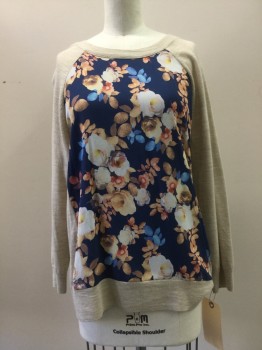 JCREW, Oatmeal Brown, Multi-color, Wool, Silk, Heathered, Floral, Heather Oatmeal, Navy Front with Mutli Color Floral Print, Round Neck,  3/4 Sleeves