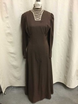 NO LABEL, Brown, Cream, Wool, Solid, Long Sleeves, Button and Hook and Eye Back Closure, High Neck, Cotton Embroidery Trim At Neck, Hem Below Knee,